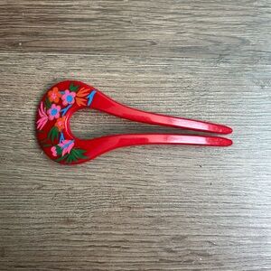 Red Floral Hair Fork Japanese hand painted